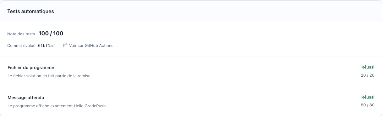 Les points obtenus pour chaque test et le lien vers GitHub Actions.